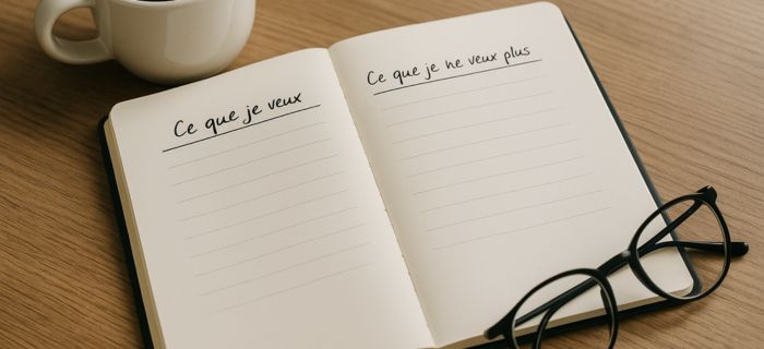Carnet de notes listant « Ce que je veux » et « Ce que je ne veux plus », symbole de développement pro candidatures.