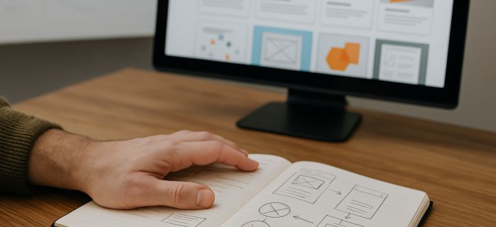Main sur un carnet de projets avec croquis, en arrière-plan un portfolio numérique — illustration du développement pro candidatures